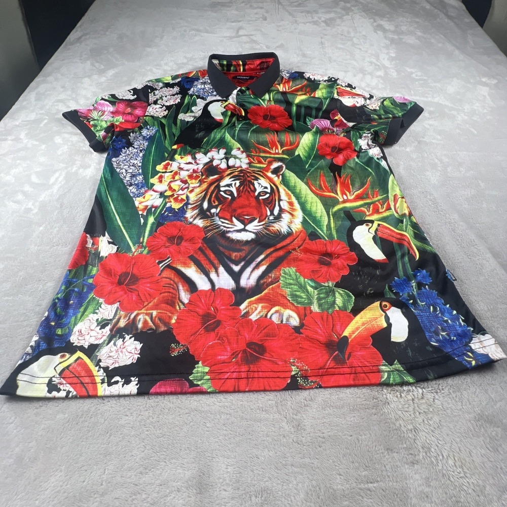 Barabas Mens Size L Tropical Tiger Toucan Floral Print Short Sleeve Polo Shirt